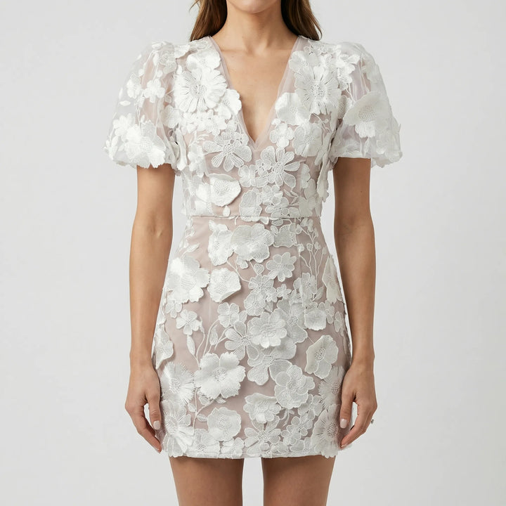Floreva - Fitted Bodice Floral Embroidered Mini Dress