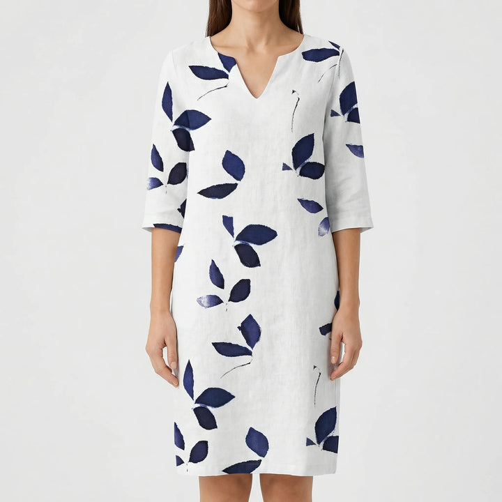 Foliara - Leaf Print V-Neck Midi Dress