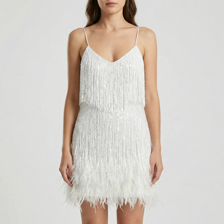 Frinvara - Sleeveless Feather Fringe Mini Dress