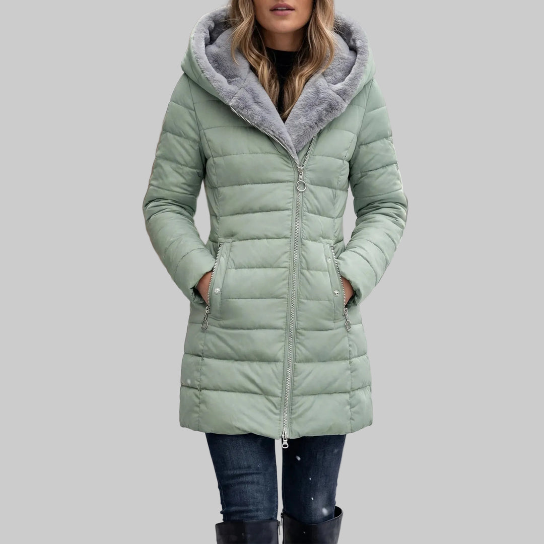 Quilted Hooded Mid-Length Winter Coat for Women