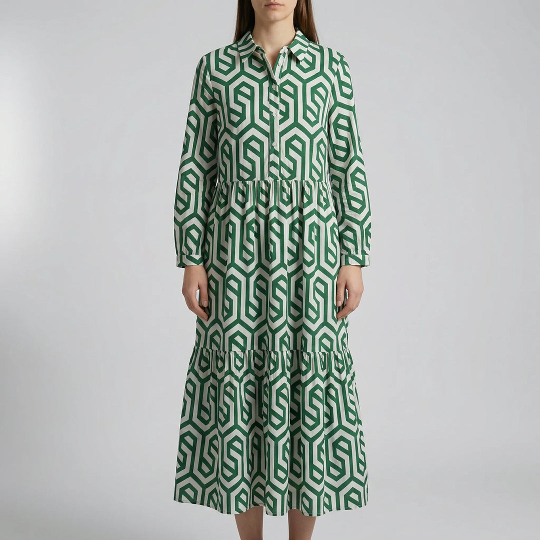 Geovella - Long-Sleeve Geometric Print Midi Dress
