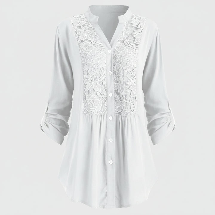 Voorkant witte lange blouse met pofmouwen voor dames