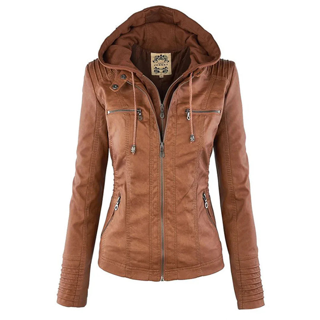 Hooded Faux Leather Moto Jacket for Women
