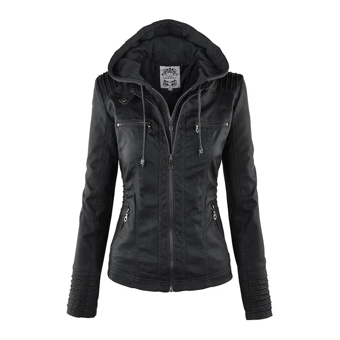 Hooded Faux Leather Moto Jacket for Women