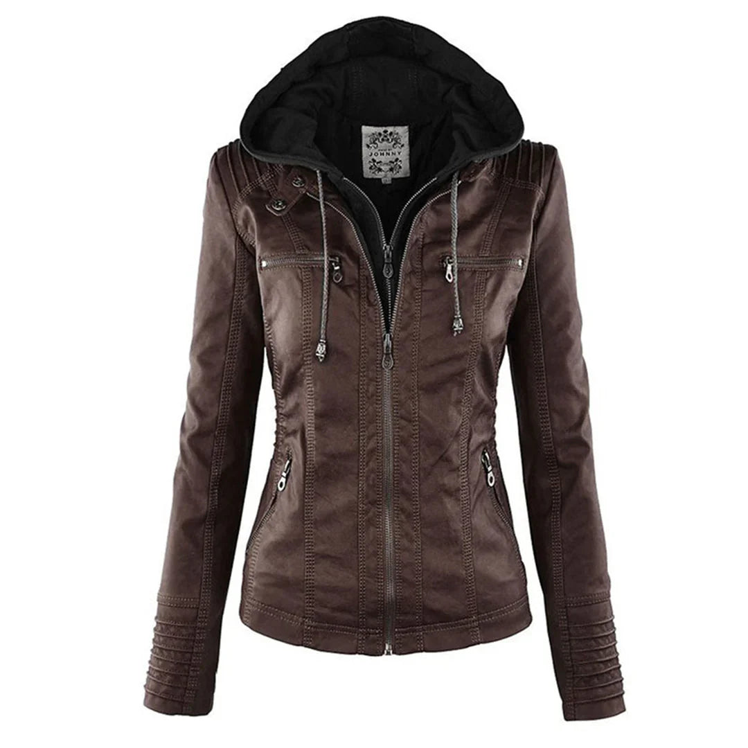 Hooded Faux Leather Moto Jacket for Women
