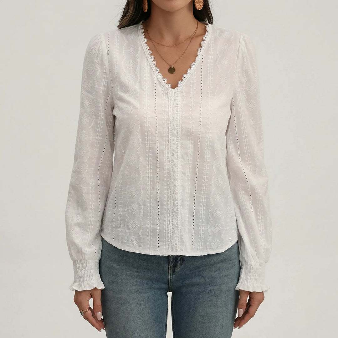 Lacevelle - Long Sleeve Lace Trim V-Neck Blouse
