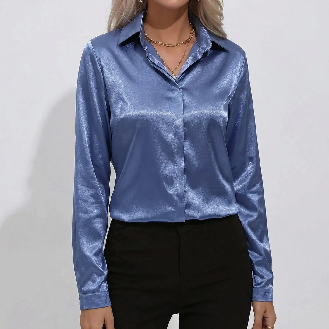Lustreva - Satin-Finish Button-Front Blouse