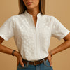 Embroidered White Blouse with Stand Collar for Women