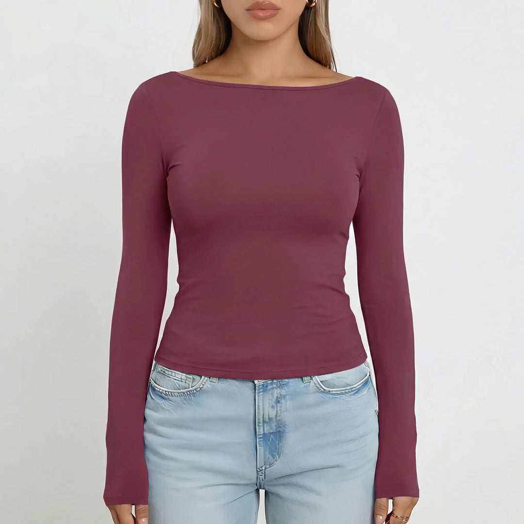 Navella - Fitted Boat Neck Long Sleeve Top