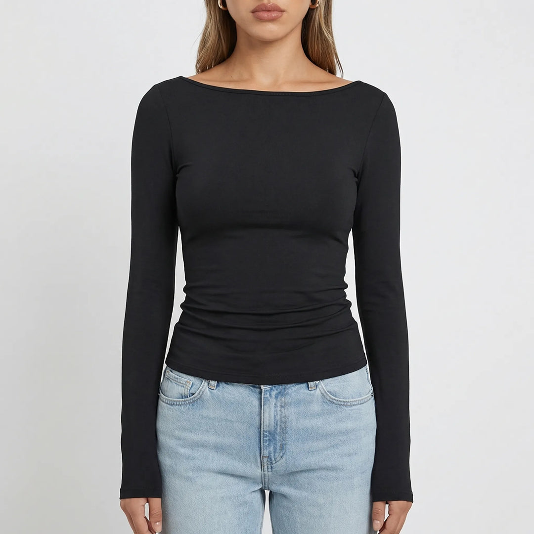 Navella - Fitted Boat Neck Long Sleeve Top