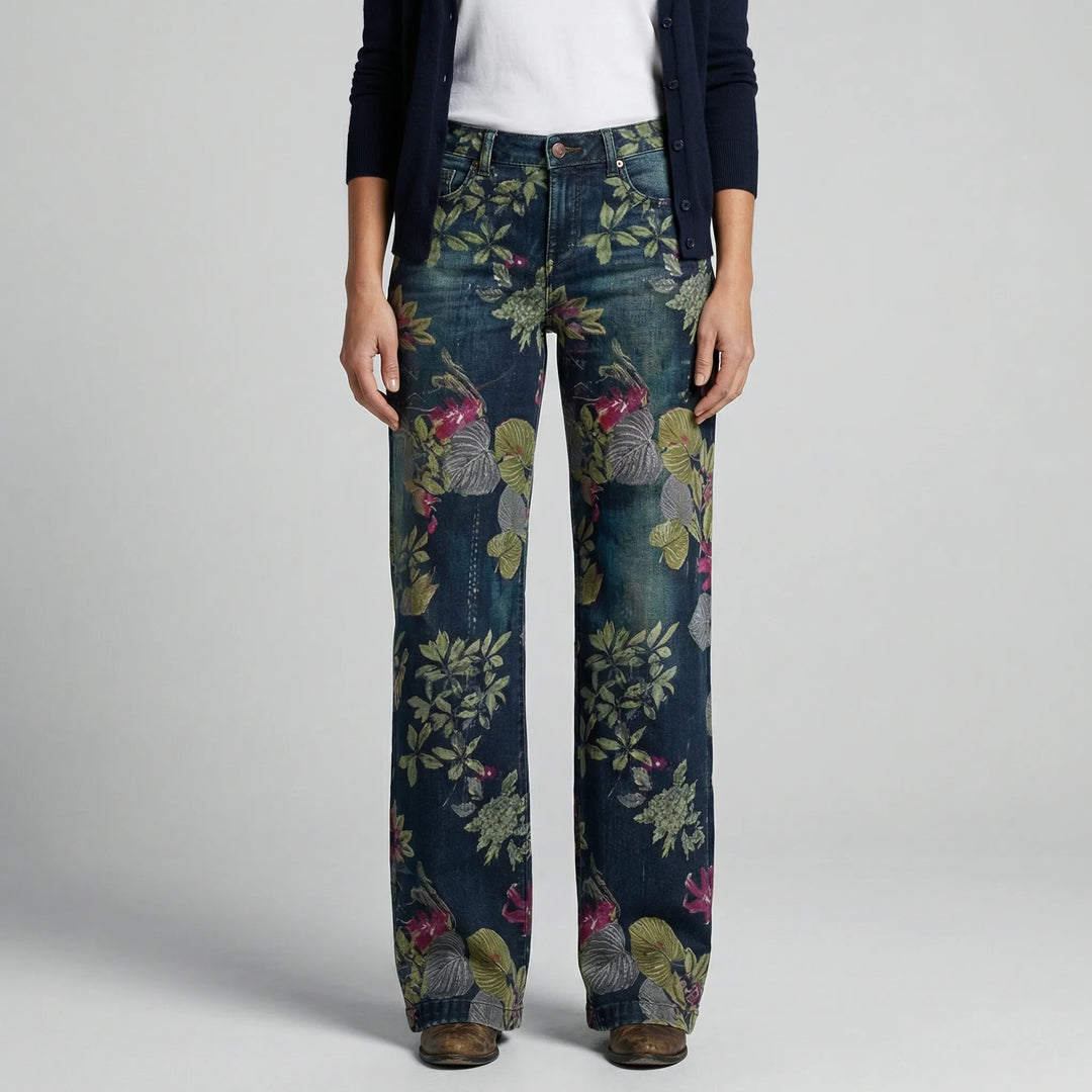 Petaloux - Floral Print Loose Straight-Leg Jeans