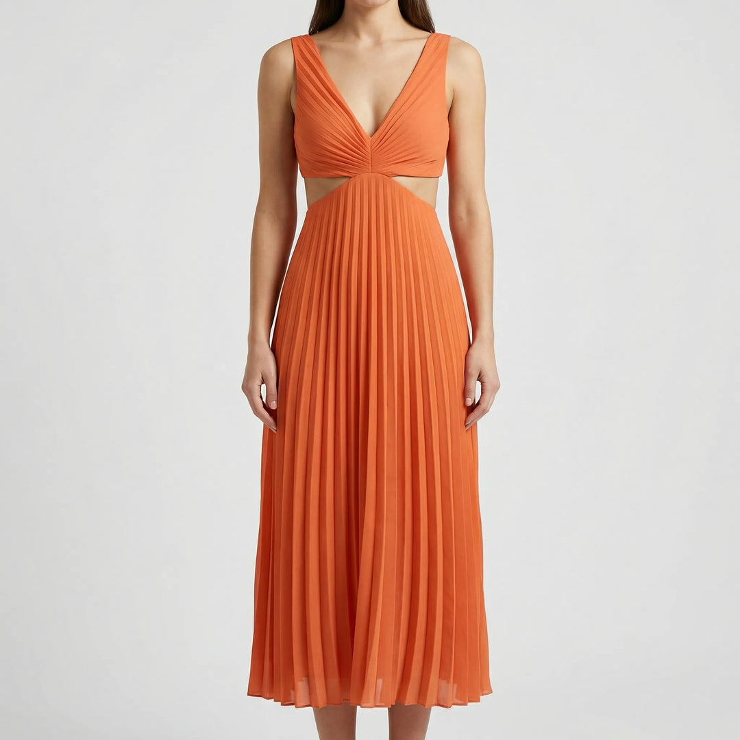 Plissara - Sleeveless Pleated Maxi Dress With Cutout Waist