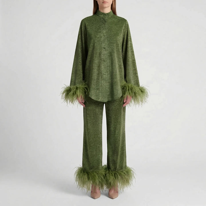 Plumara - Feather-Trimmed Two-Piece Shirt And Trouser Set