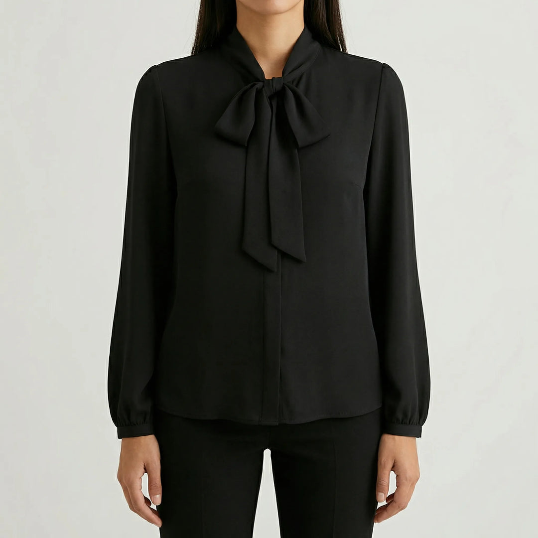 Ribbonique - Long-Sleeve Bow-Tie Neckline Blouse