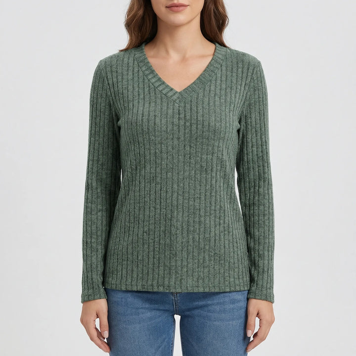 Ribvera - V-Neck Ribbed Long Sleeve Top