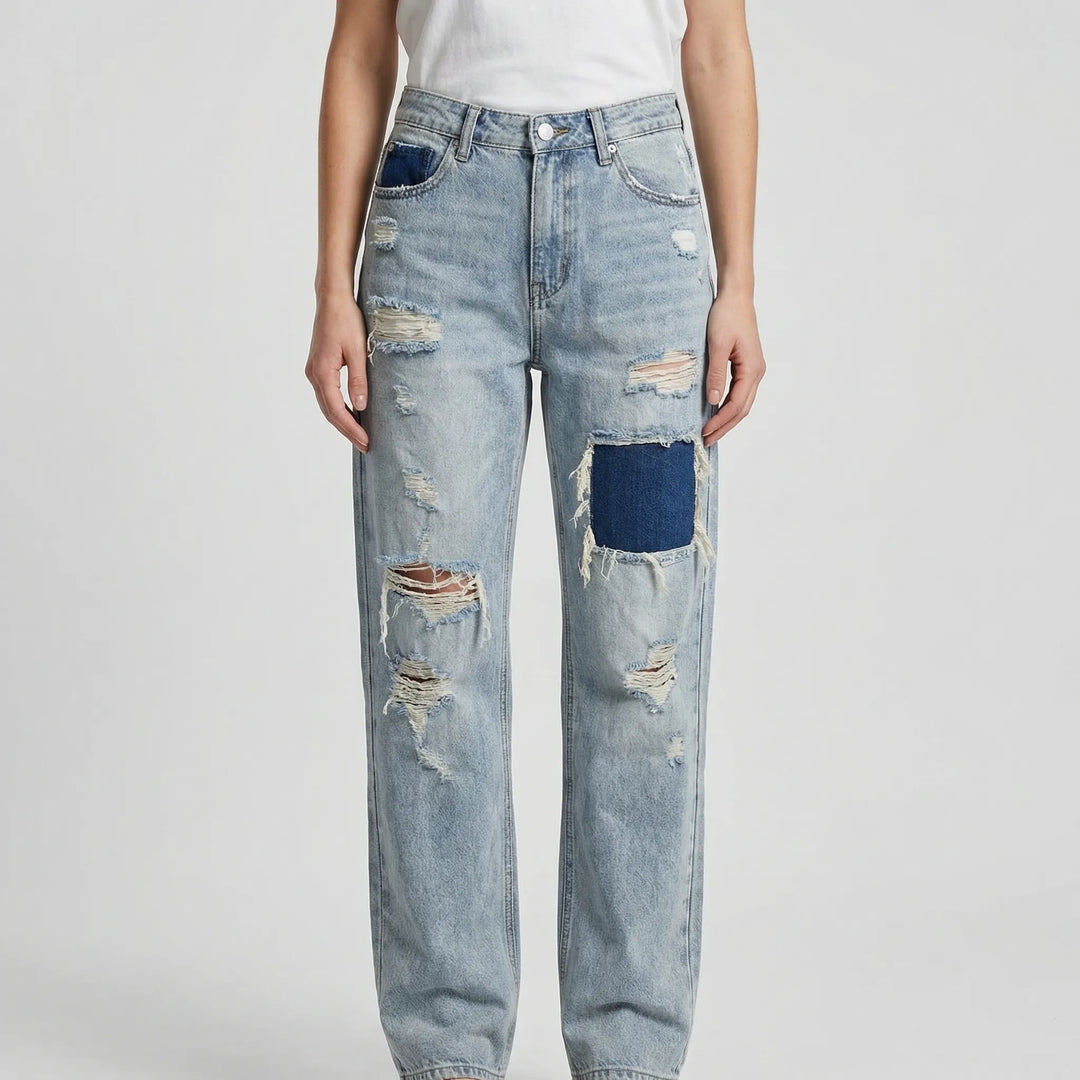 Ripvara - Vintage Wash Wide-Leg Ripped Jeans