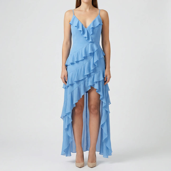 Ruffelia - Tiered Ruffle High-Low Spaghetti Strap Dress