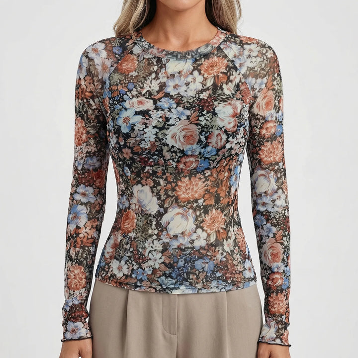 Sherava - Sheer Mesh Long Sleeve Fitted Top