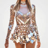 Long Sleeve Mirror Embellished Bodysuit Dress