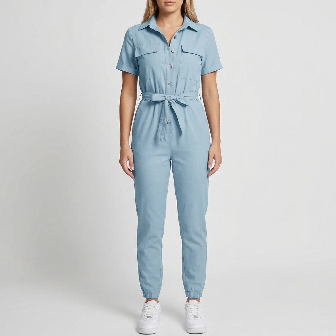 Slymara - Short Sleeve Button-Front Women's Jumpsuit