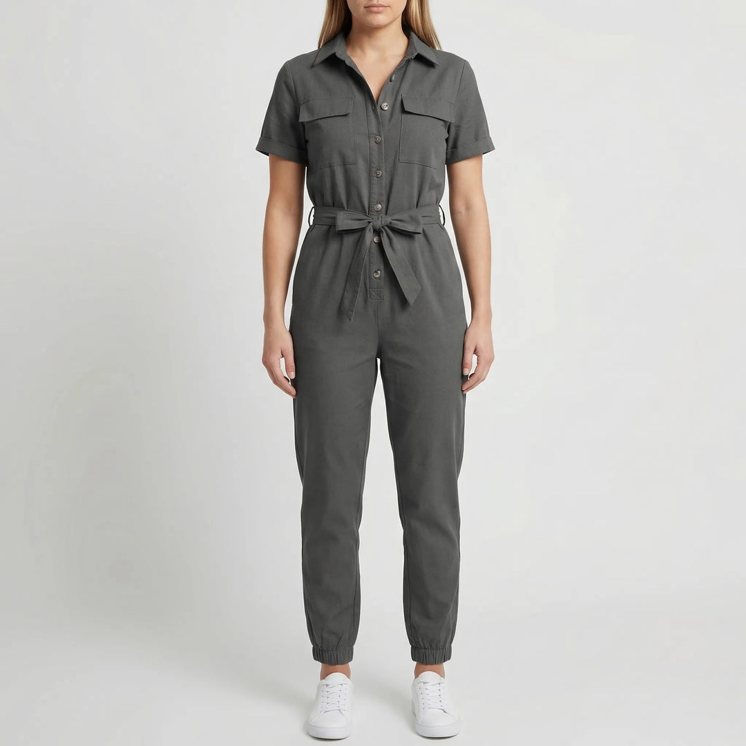 Slymara - Short Sleeve Button-Front Women's Jumpsuit