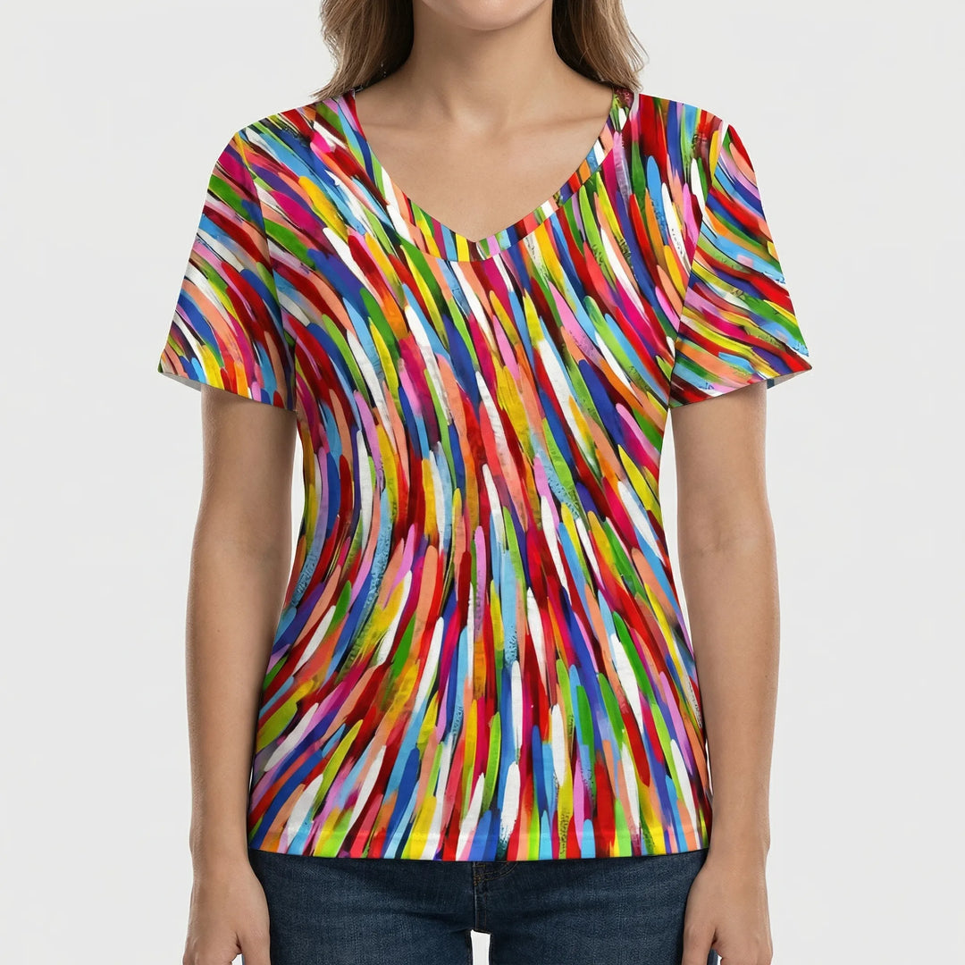 Retro Print V-Neck Short Sleeve Tee