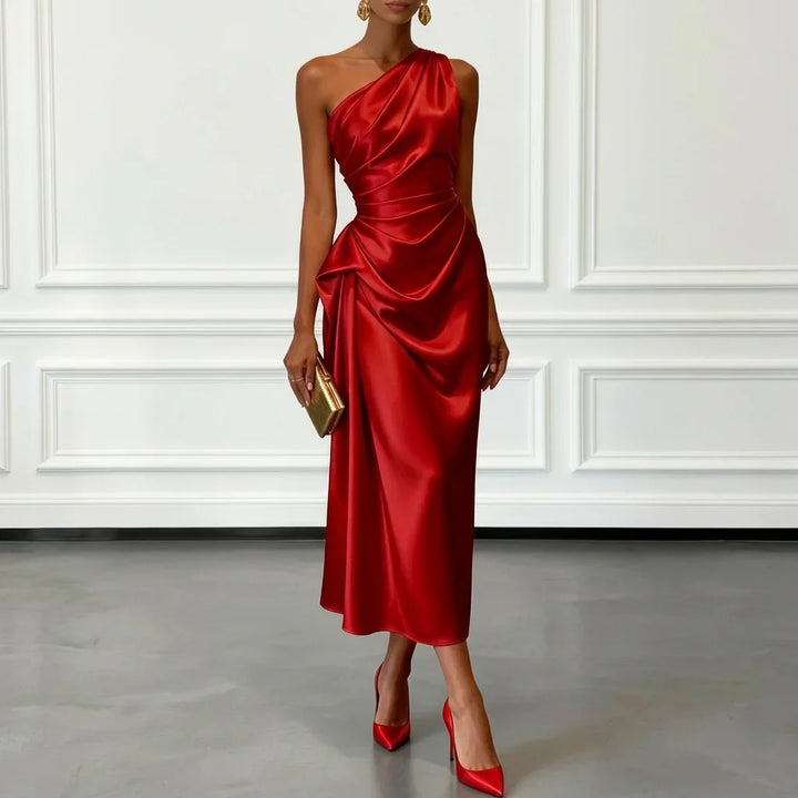 Womens Satin Pleated Waist-cinching Dress
