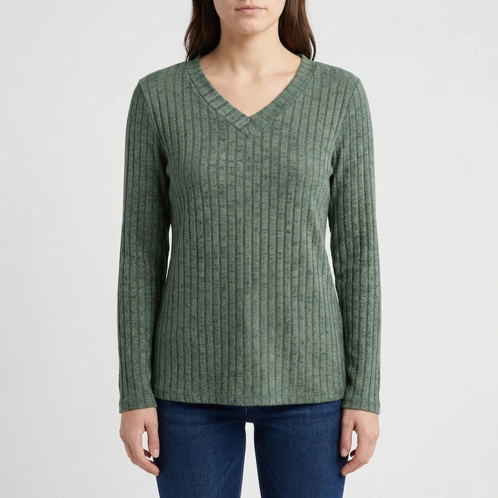 Velvora - Relaxed V-Neck Ribbed Knit Top