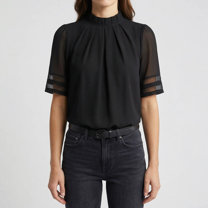 Velvoria - Mock Neck Blouse With Mesh Sleeve Panels