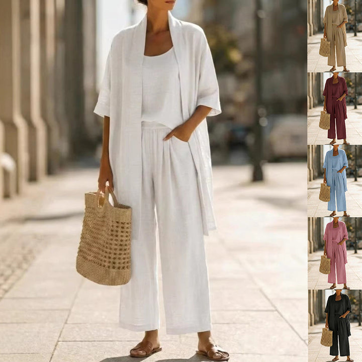 Three-piece Suit Women's Mid-length Cardigan Tank Top And Straight-leg With Pockets Fashion Trousers Set