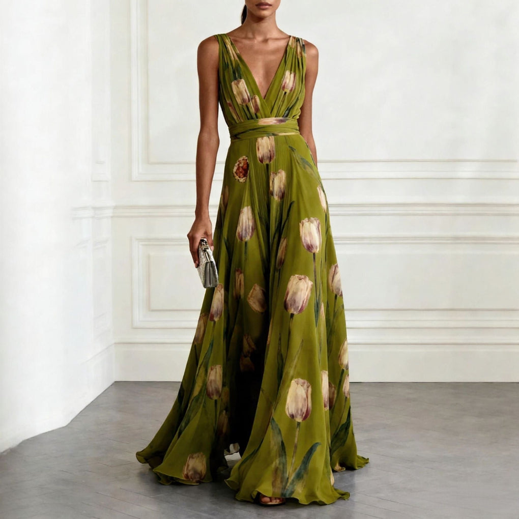 Bluesy Tulip-Print Gown Elegant Flowing Sleeveless V-Neck Chiffon Maxi Dress For Parties And Formal Events