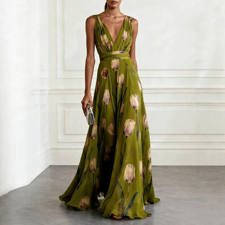 Bluesy Tulip-Print Gown Elegant Flowing Sleeveless V-Neck Chiffon Maxi Dress For Parties And Formal Events