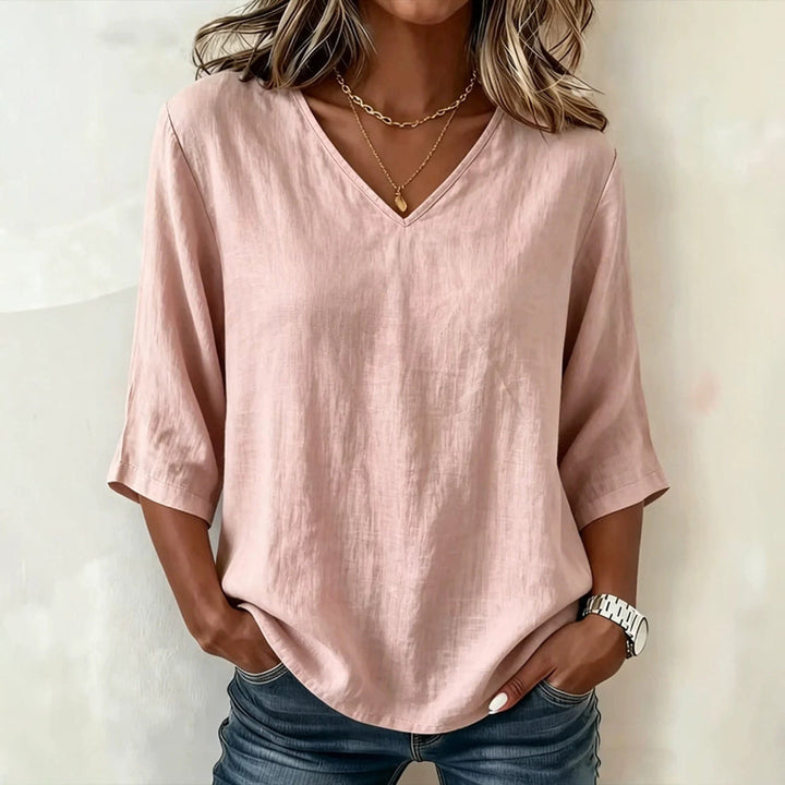 Womens Solid-color Casual Loose-fitting Fashionable V-neck Top