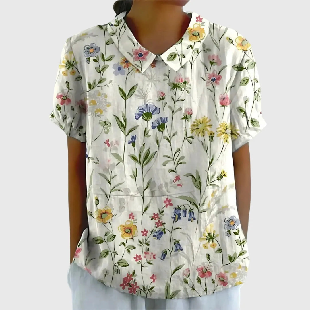 Ava Women's Collared Floral Print Short Sleeve Blouse