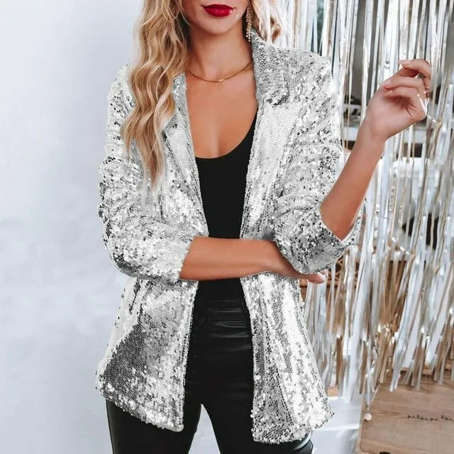 Avery Women's Sequin Fitted Blazer with Stand Collar