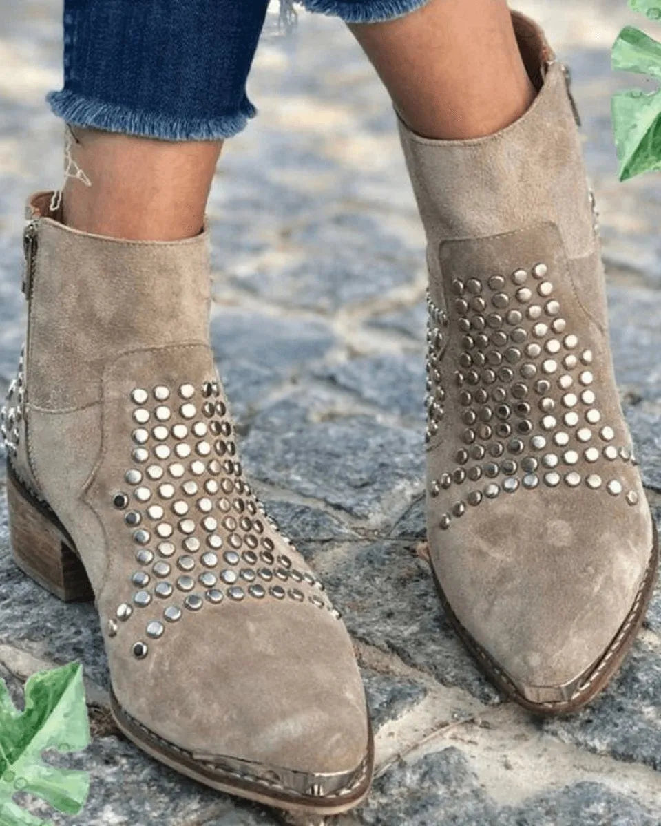 Benedetta Women's Suede Block Heel Ankle Boots with Studs