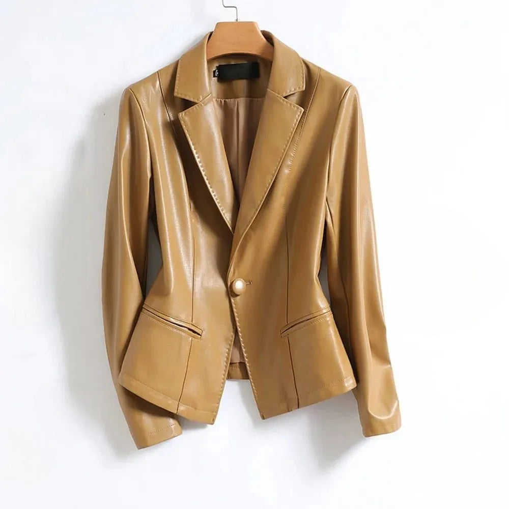 Camellia Women's Leather Single-Breasted Lapel Blazer