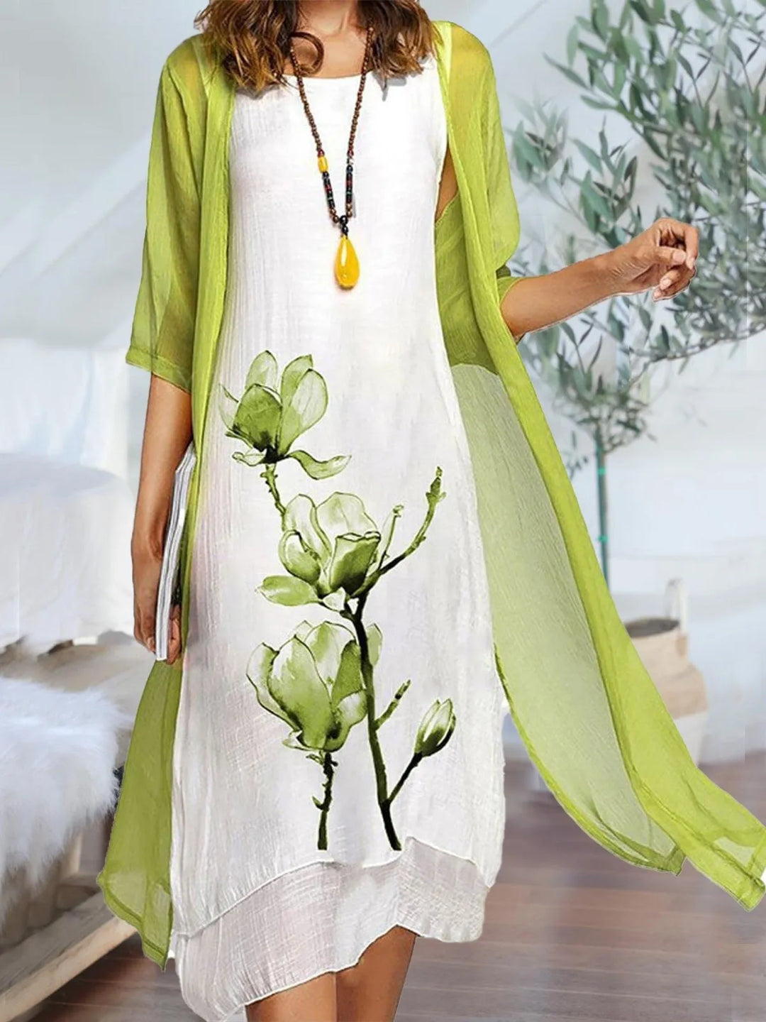 Daphne Women's Floral Print Linen Midi Dress Set