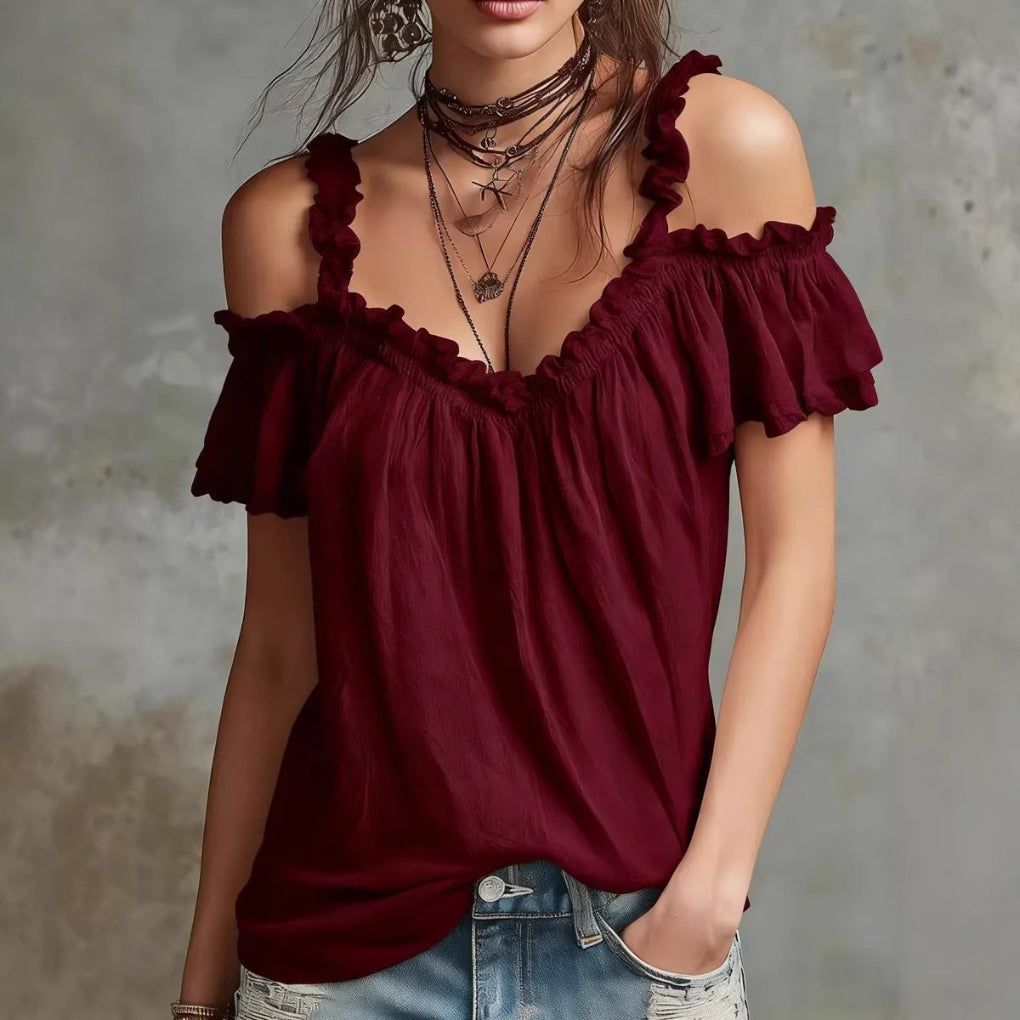 Summer Off-Shoulder Blouse Top Fashion Ruffled Strappy Short-Sleeved Shirt Y2K Sweet Women&