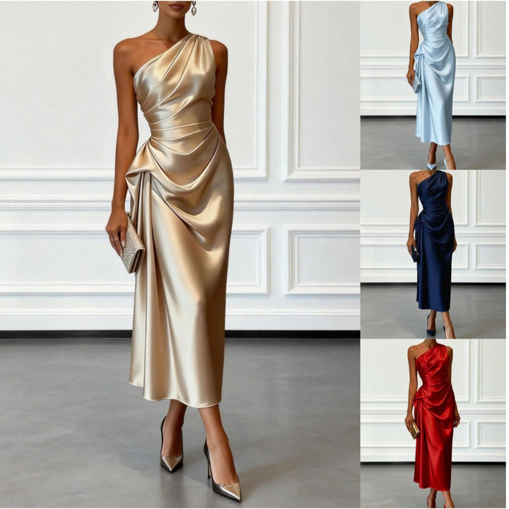 Womens Satin Pleated Waist-cinching Dress