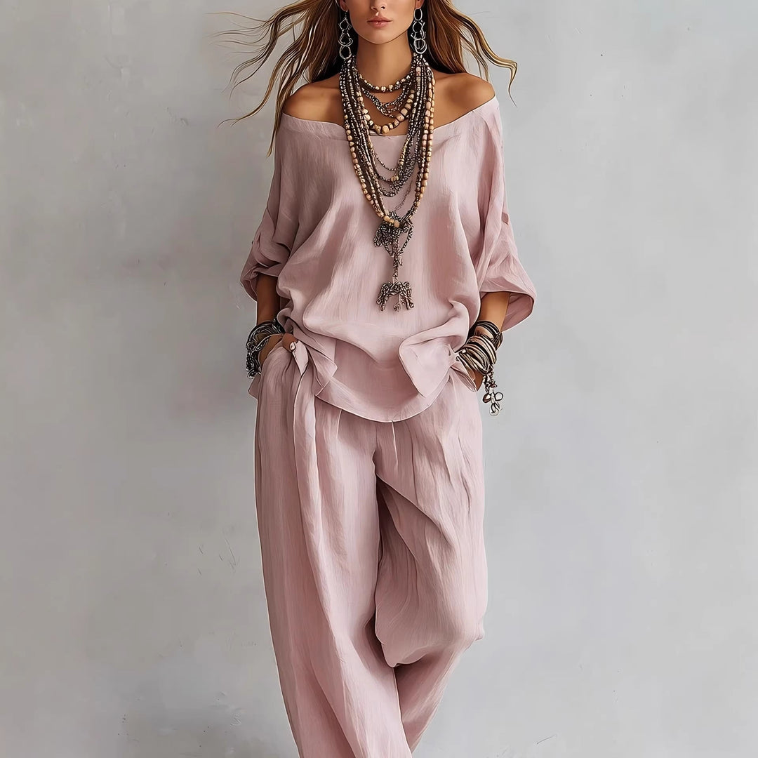 Off-shouder Suits Fashion Three-quarter Sleeves Top And Loose Pockets Wide-Leg Pants Set Women's Clothing