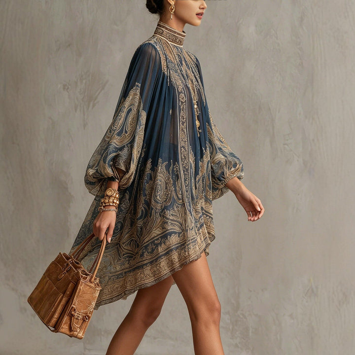 European And American-style High-neck Printed Chiffon Dress