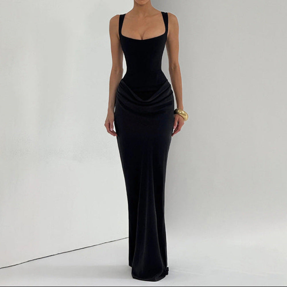 Womens Elegant Solid-Color Slim-Fit Waist-Cinching Backless Slip Dress