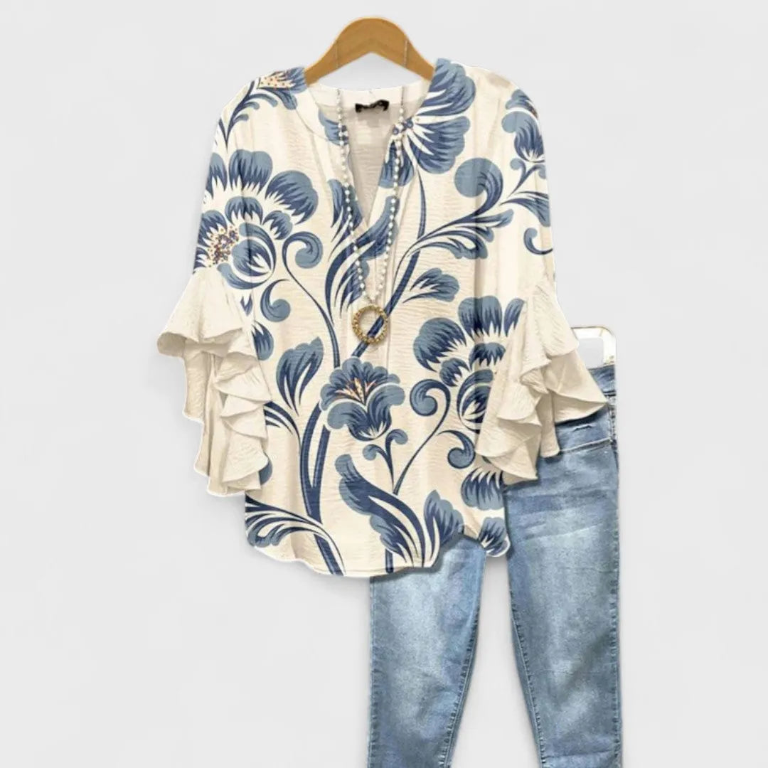 Elara Women's Floral V-Neck Blouse with Ruffled Sleeves