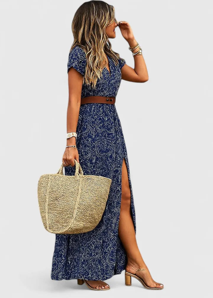 Elena Women's Short Sleeve Wrap Maxi Dress with Slit
