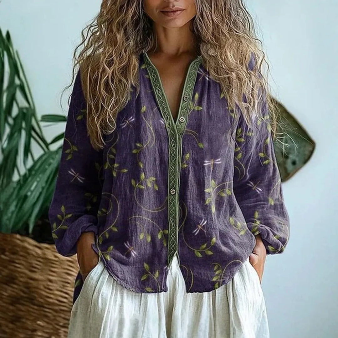 Evelyn Women's Floral V-Neck Button-Down Linen Blouse