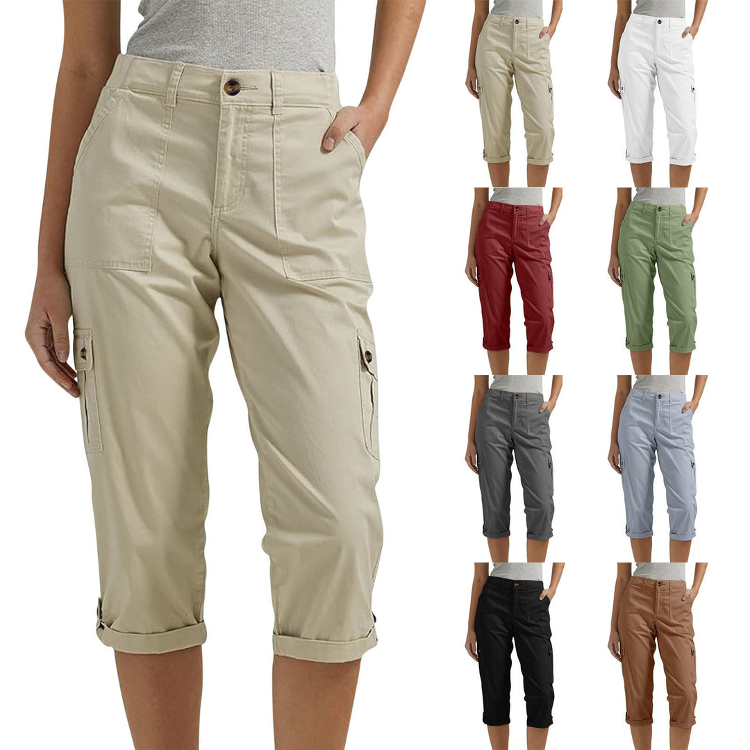 Solid Color Casual Cropped Pants - Women's High Waist Multiple Pockets Capri Trousers for Daily Wear