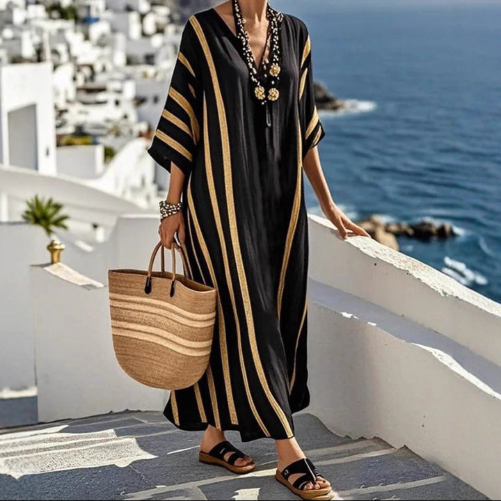 Five-quarter-sleeve Long Caftan Dress With Patch Pockets