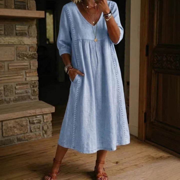 Casual Loose-fit V-neck Patchwork Lace-trimmed Linen-cotton Dress