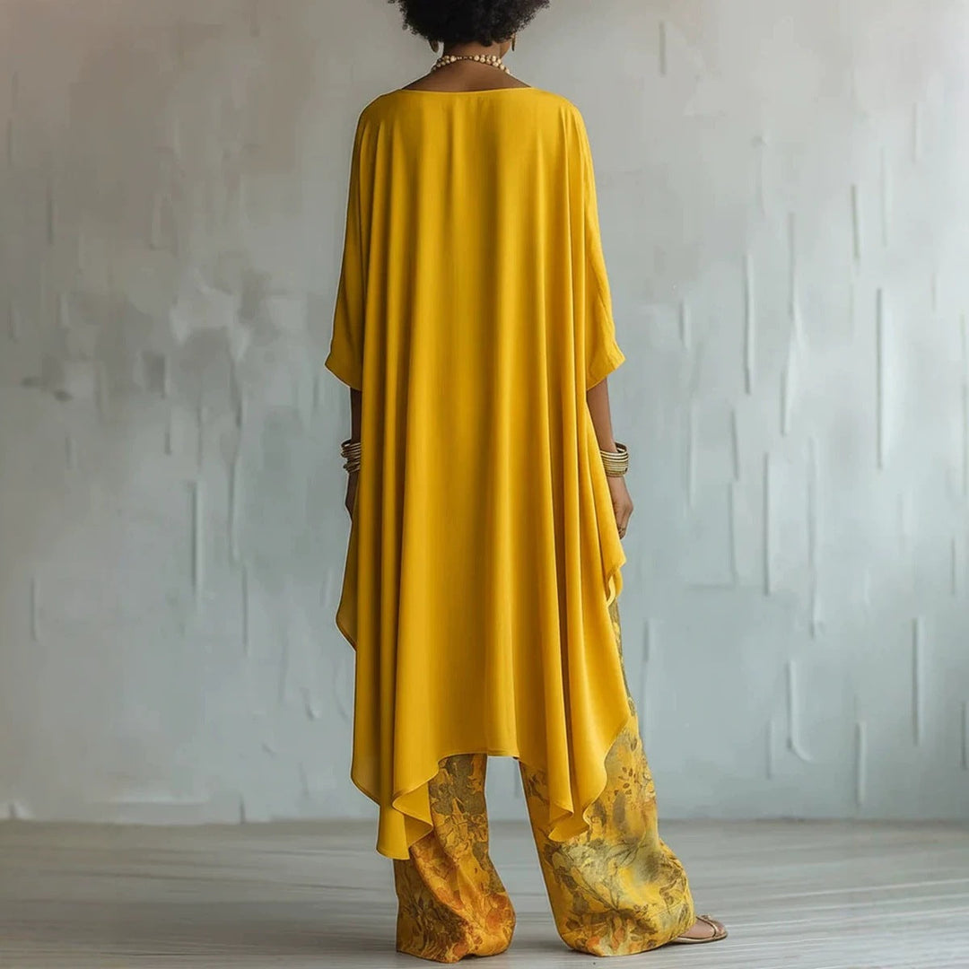 Cotton-Linen Fashion Solid-Color Top And Wide-Leg Pants Two-Piece Set